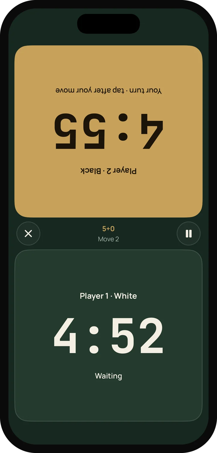The split-screen chess clock on an iPhone. The top half, turned toward the far player, is running; the move counter sits in the middle.