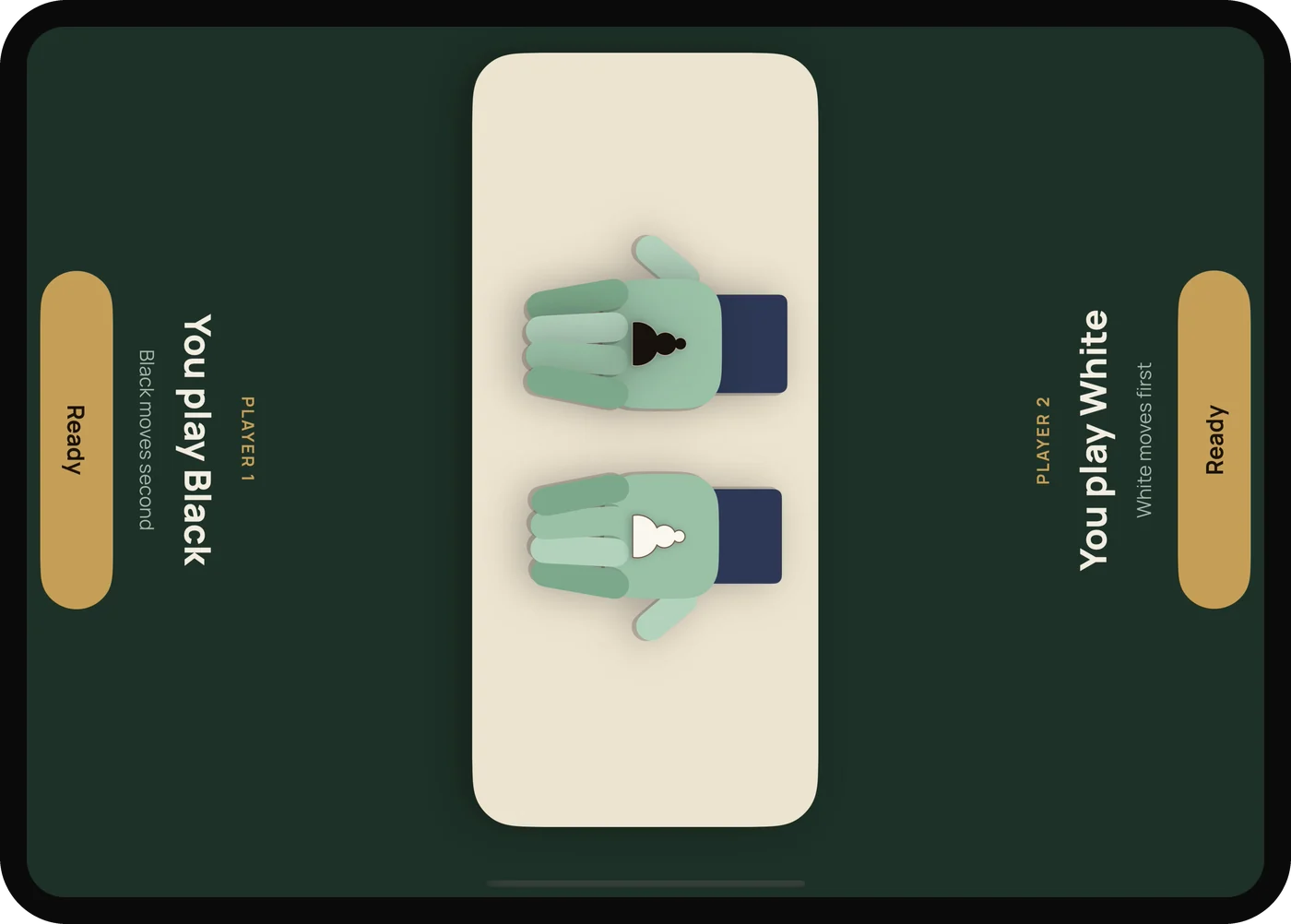 The color draw: two paper hands open to show a black pawn and a white pawn. Player 1’s side says “You play Black”, Player 2’s side says “You play White”, each with a Ready button.