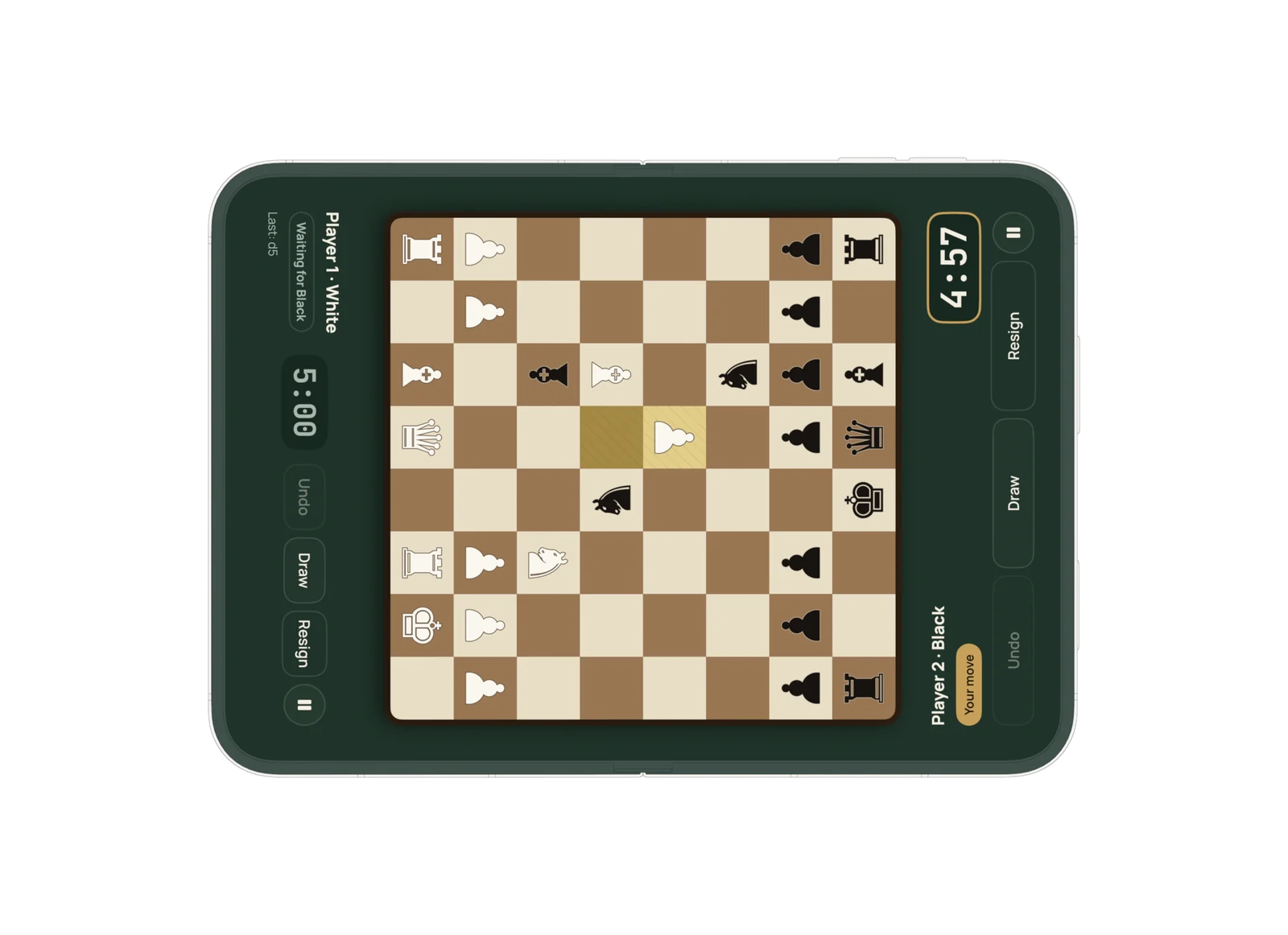 A face-to-face game on an unfolded iPhone Duo lying flat. Player 1's clock and buttons face the left edge, Player 2's face the right edge, and the board sits between them.