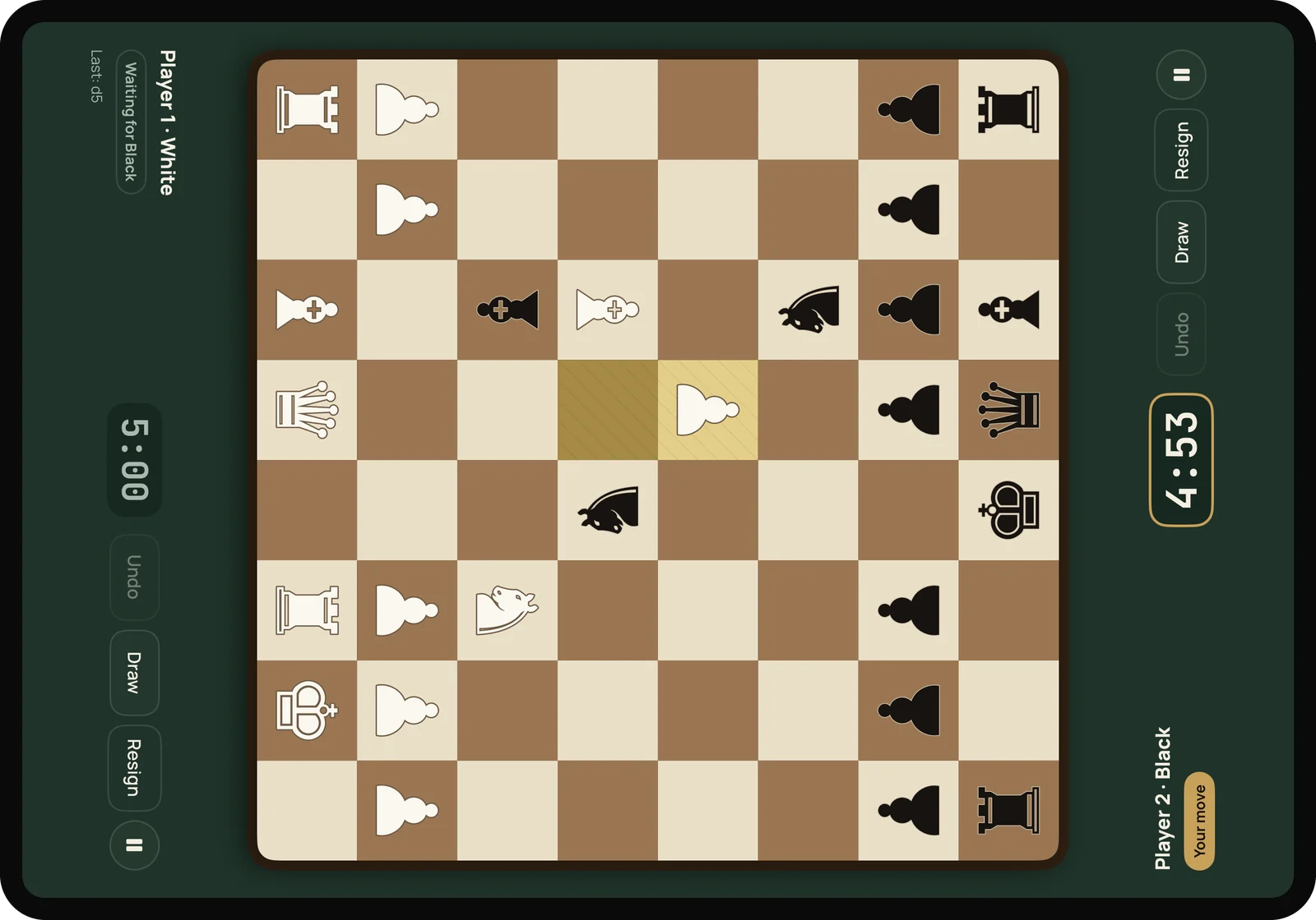 A face-to-face game on an iPad lying flat, with a player's panel on each side of the board.