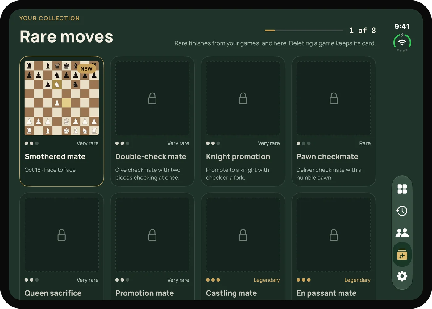 The rare moves collection: the smothered mate card earned, and seven more still locked.