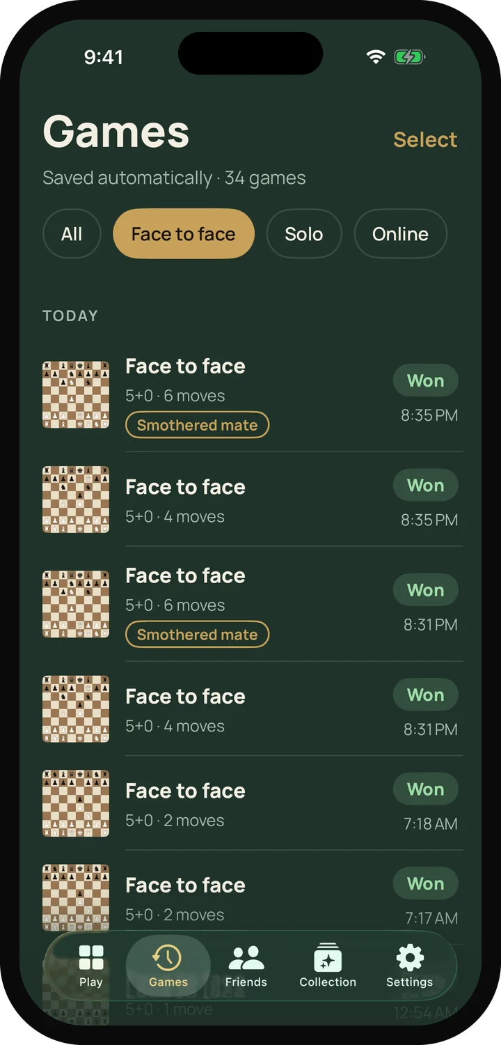 The saved games list on an iPhone, grouped by day, with results and filter chips at the top.